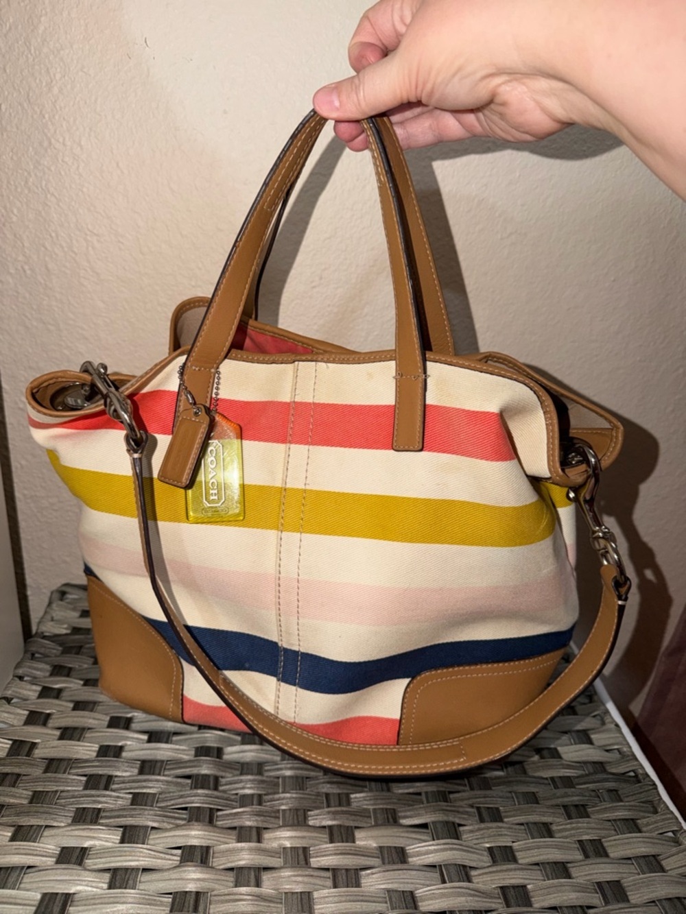 Coach Striped Canvas Tote in Coral, Mustard, Navy & Pink with Tan Leather F30041 - Picture 6 of 16